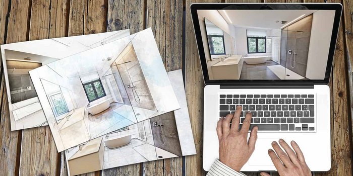 Auf einem Holztisch liegen Skizzen eines modernen Badezimmers, während ein Laptop ein Bild des fertigen Designs zeigt.